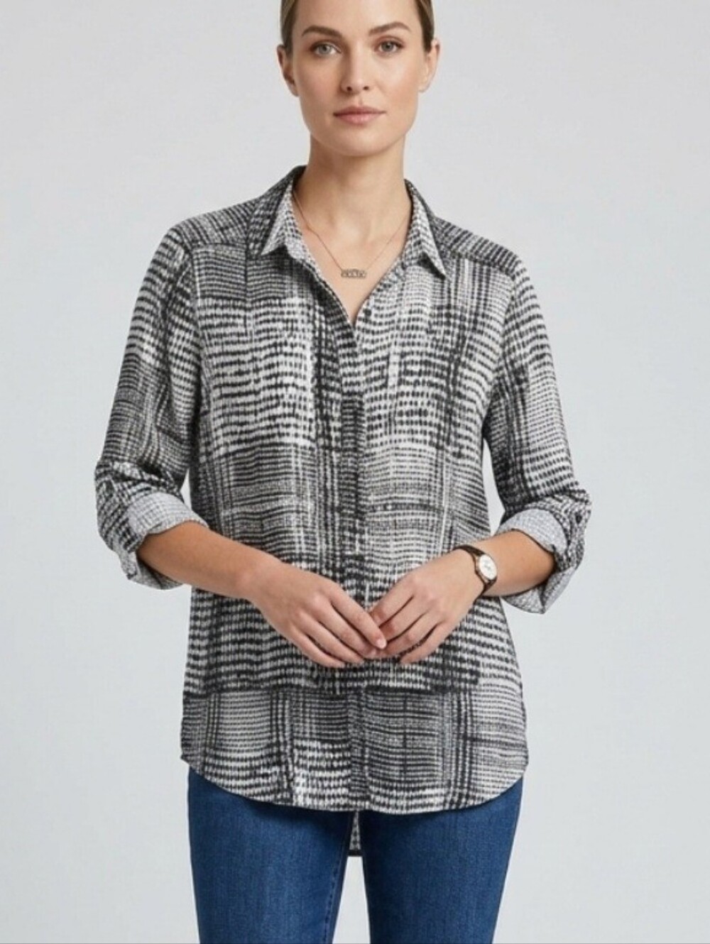 Calvin Klein Women's Printed Roll-Tab Sleeve Button-Up Blouse Top Black White S
